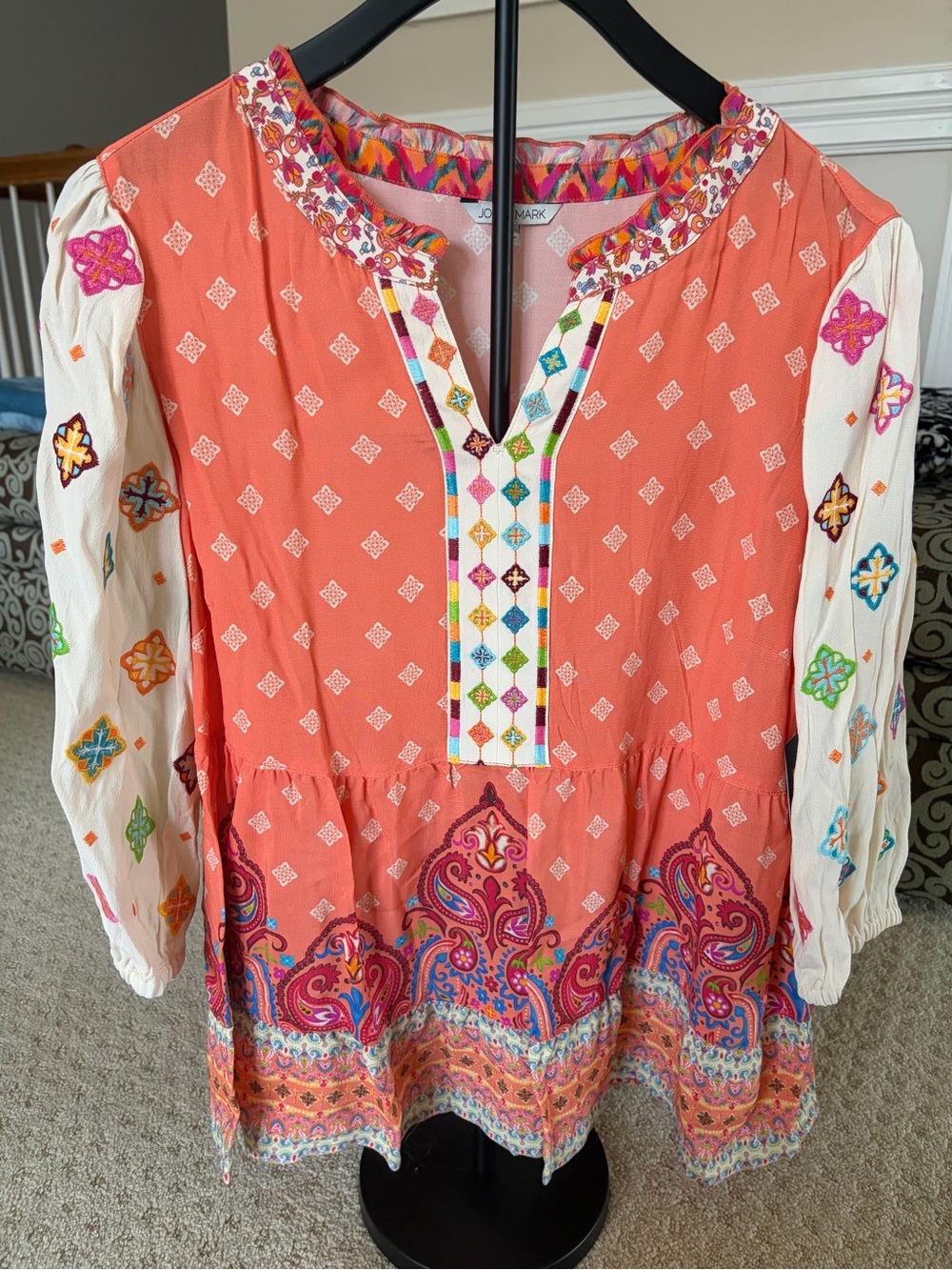 John Mark Coral Embroidered Boho Peasant Blouse